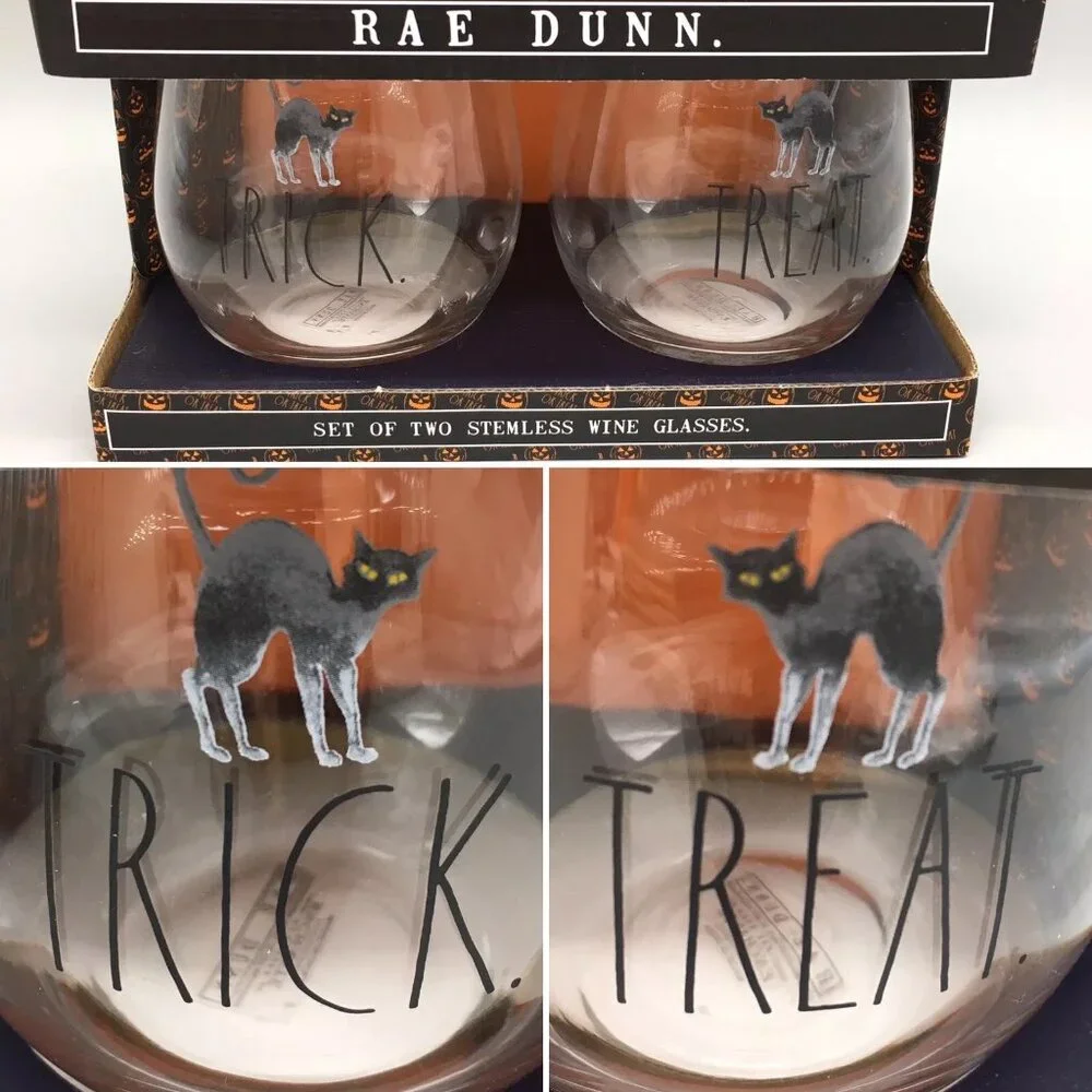 4pc Rae Dunn Halloween Black Scaredy Cat Stemless Wine Glass Set TRICK TREAT NEW